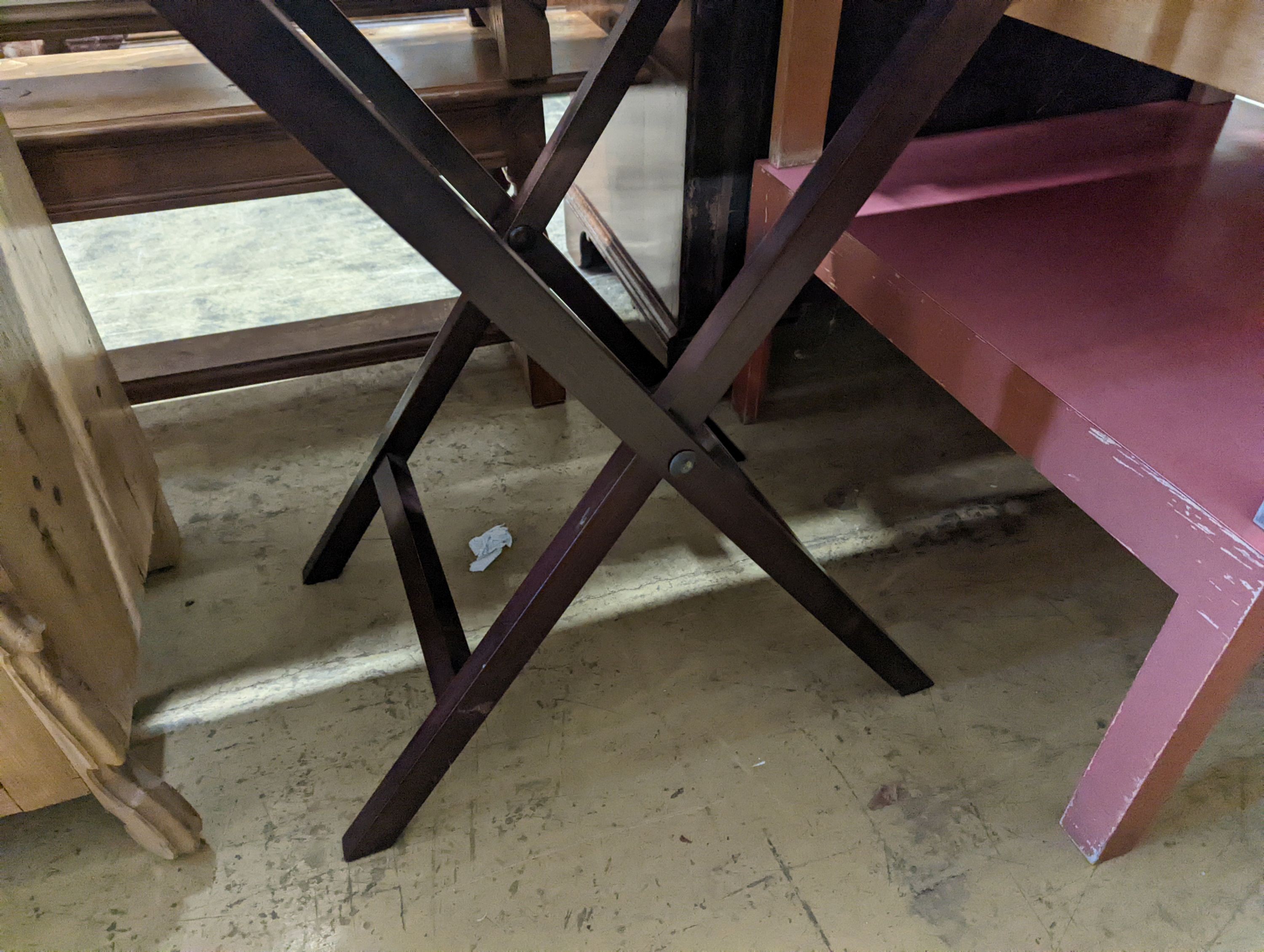 A large 19th century rectangular mahogany butler's tray on folding stand, width 89cm, depth 54cm